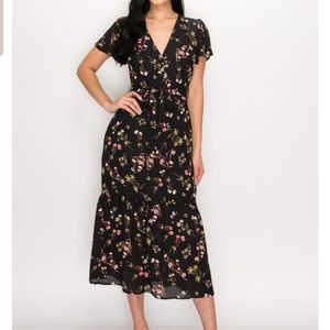 FLOWER PRINT WAIST TIE V-NECK MAXI DRESS